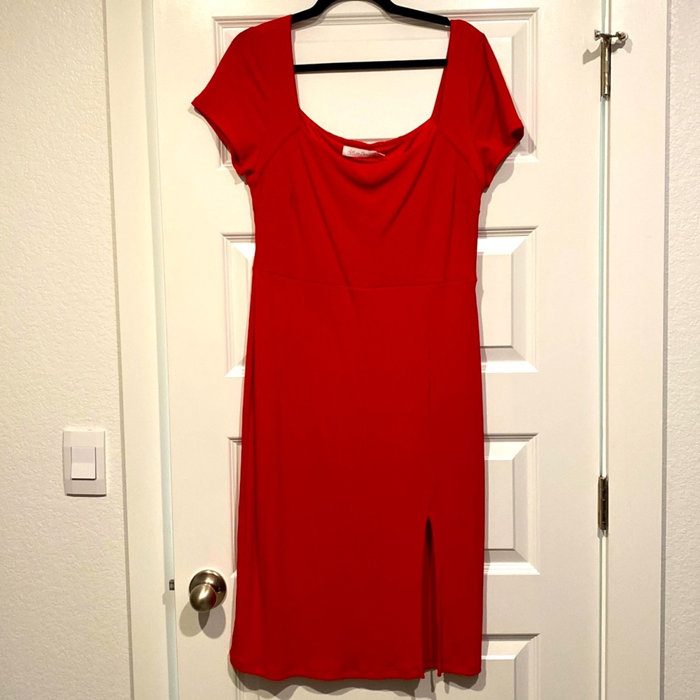 Red, square neck slip dress with slit